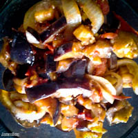 Eggplant, tomato, and onion sauteed with soy sauce